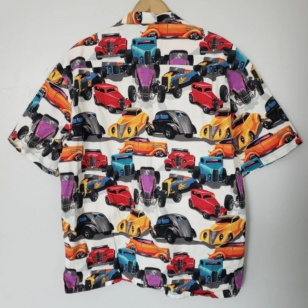 Paradise on a Hanger Men's Large Short Sleeve Button Up Shirt Colorful Hot Rod